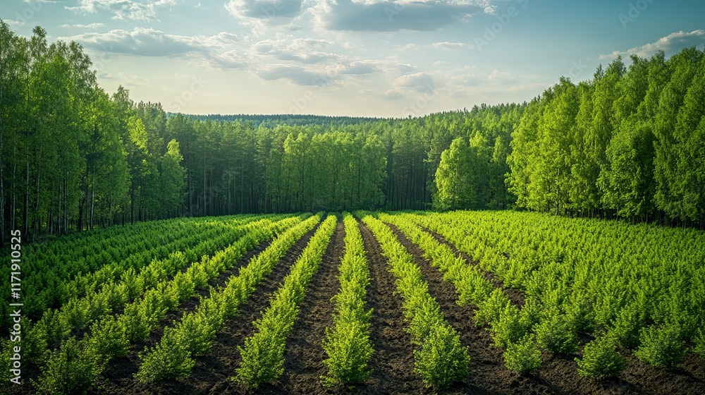 Top view of a lush young green forest in spring with vibrant foliage and natural sunlight filtering through the trees Top view of a lush young green forest in spring with vibrant foliage and natural sunlight filtering through the trees