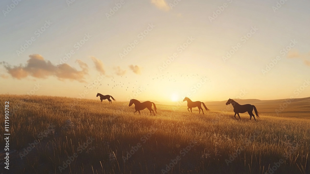 running horses during sunrise in a grassfield with a birds eye view running horses during sunrise in a grassfield with a birds eye view