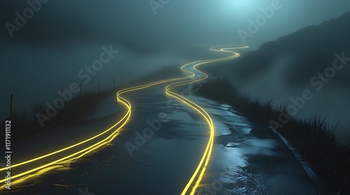 Mesmerizing winding neon road glowing through dense fog on a mysterious nighttime journey, featuring illuminated lines and a futuristic scenic landscape that inspires tranquility, adventure, and surre photo