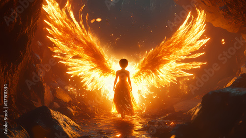 Fiery phoenix child in glowing feathers costume against flame-lit mountain cave - fantasy concept with mythical theme. Flamelit. Illustration photo