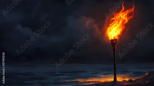 Flame-lit torch ignited in the night. Flamelit. Illustration photo