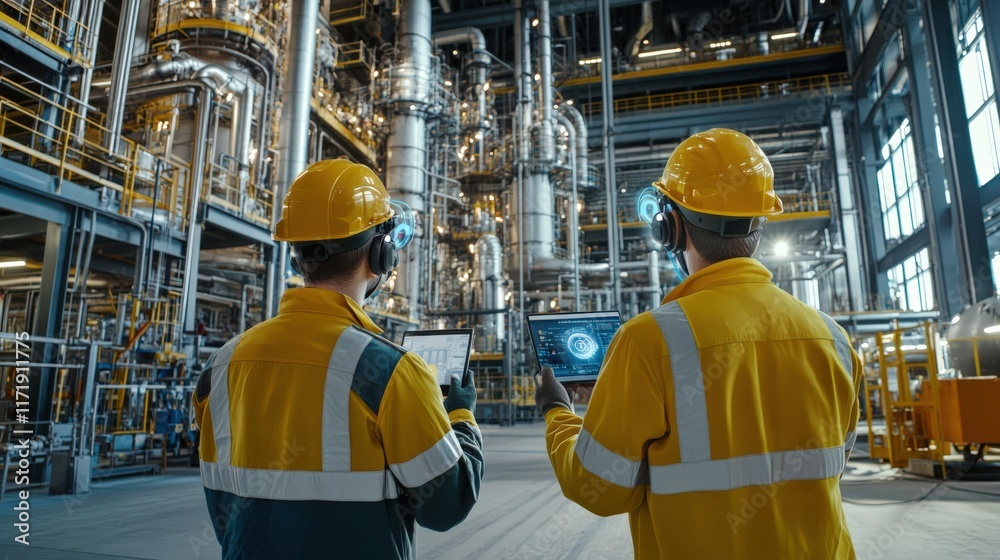 Fototapeta premium Two men in yellow safety gear are looking at a computer screen in a factory