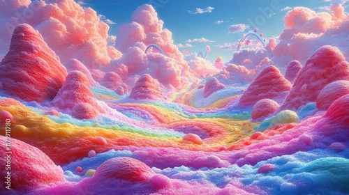 Whimsical Candy Wonderland with Colorful Muffin Mountains and Rainbow Bridge Under Fluffy Clouds photo