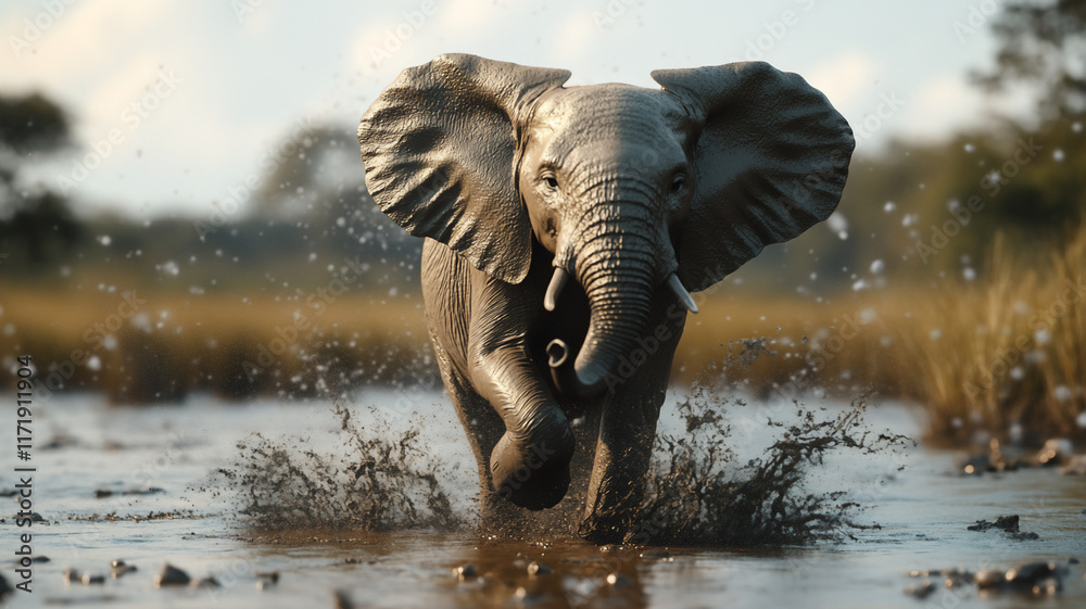 Fototapeta premium running elephant during mid-day in a mudpool with a eye-level angle 