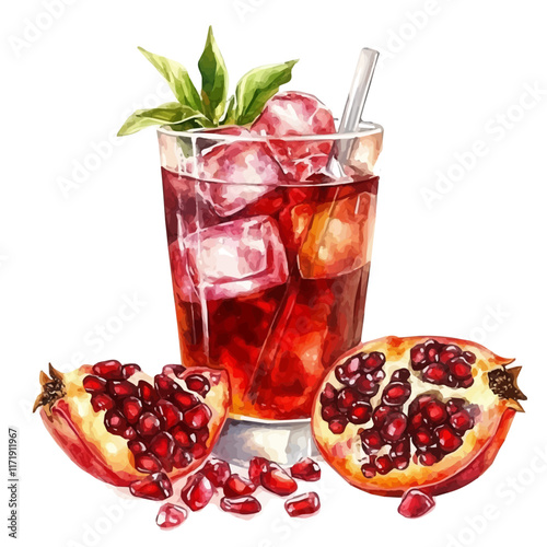 A watercolor vector painting of an Iced Pomegranate Tea, isolated on a white background. Iced Pomegranate Tea vector.

