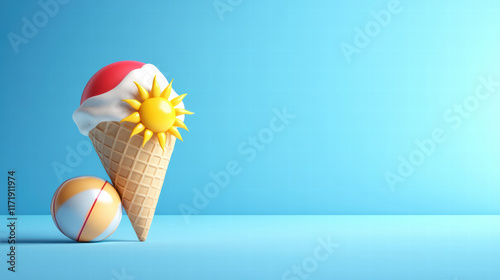 ice cream cone with beach ball and sun, evoking summer fun and joy. vibrant colors and playful design create cheerful atmosphere perfect for warm days