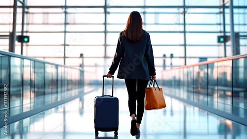 Slow motion businesswoman walking with suitcase in airport terminal