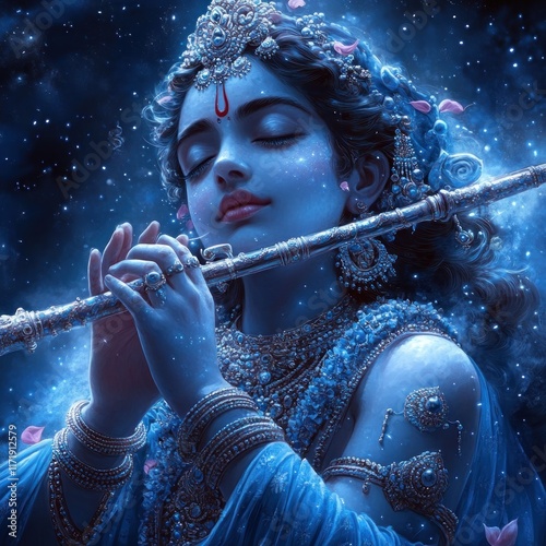 Krishna Playing Flute Under Moonlight with Stars and Lotus