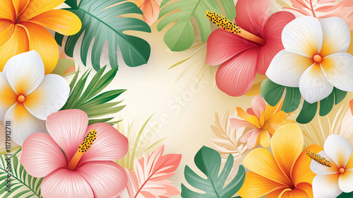 Bright and trandy summer hawaiian banner, party flyer or invitation design with tropical plants and palm leaves photo