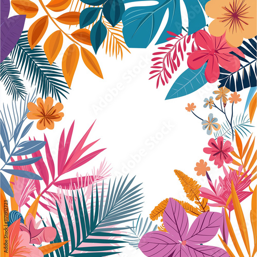 Bright and trandy summer hawaiian banner, party flyer or invitation design with tropical plants and palm leaves