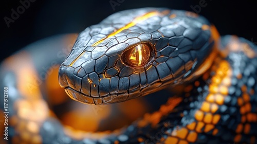 Cybernetic Snake with Metal Detailing and Glowing Eye in Warm Lighting Macro Photography photo