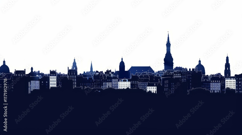 Skyline silhouette of Nantes, France with historic architecture and landmarks under clear sky in minimalist blue tones Skyline silhouette of Nantes, France with historic architecture and landmarks under clear sky in minimalist blue tones