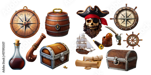 Vintage Pirate Treasure Map Elements with Compass and Skull photo