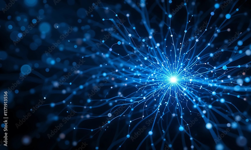 Fototapeta premium A glowing network of interconnected blue nodes and lines on a dark background, resembling a neural network or digital data visualization.