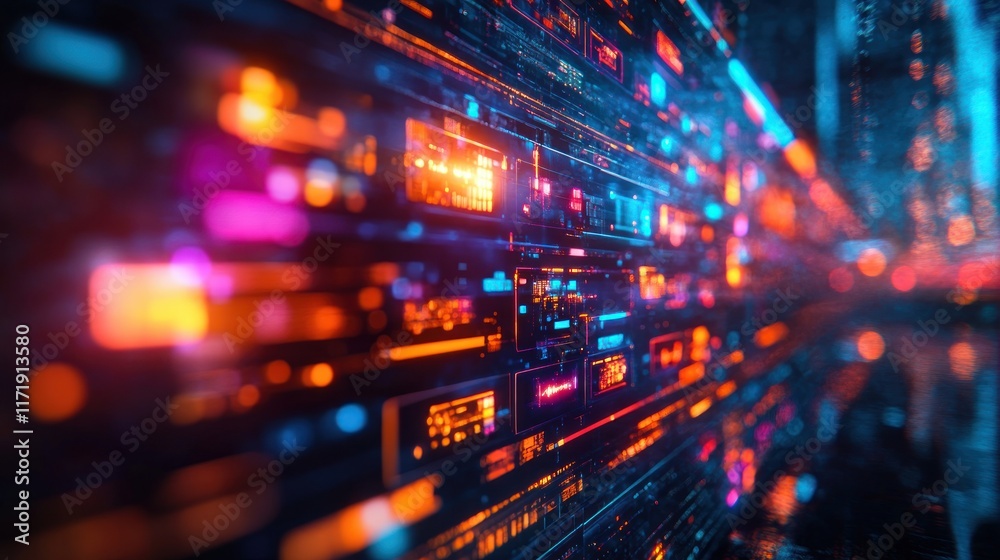 Futuristic Video Editing Interface with Colorful Timeline Displaying Clips in a Dynamic Cyberpunk Style