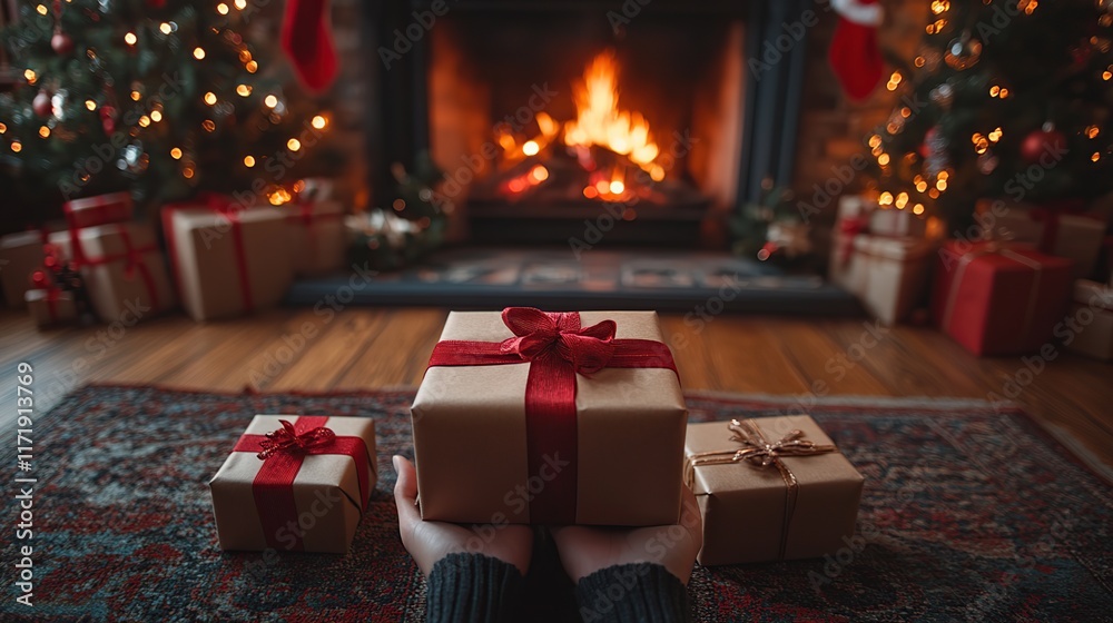 Cozy Christmas scene hands holding a gift in front of a fireplace and Christmas trees. Cozy Christmas scene hands holding a gift in front of a fireplace and Christmas trees.