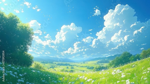 Blue Sky Meadow with Fluffy Clouds and Vibrant Green Grass