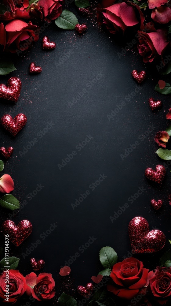 A striking contrast of red roses and hearts emerges against a deep black backdrop, embodying love's passion and romance on Valentine's Day. A striking contrast of red roses and hearts emerges against a deep black backdrop, embodying love's passion and romance on Valentine's Day.