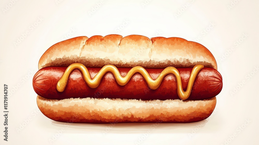 Delicious Sausage in Soft Bun Topped with Mustard Sauce Delicious Sausage in Soft Bun Topped with Mustard Sauce
