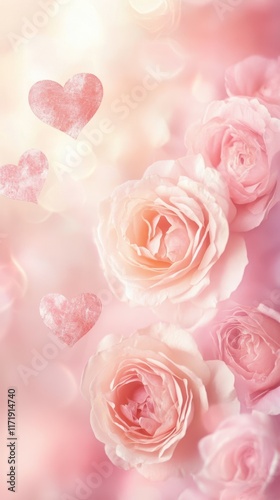 A whimsical scene of vibrant roses and playful hearts dancing through a soft pink sky, embodying the spirit of love and joy on Valentine's Day.