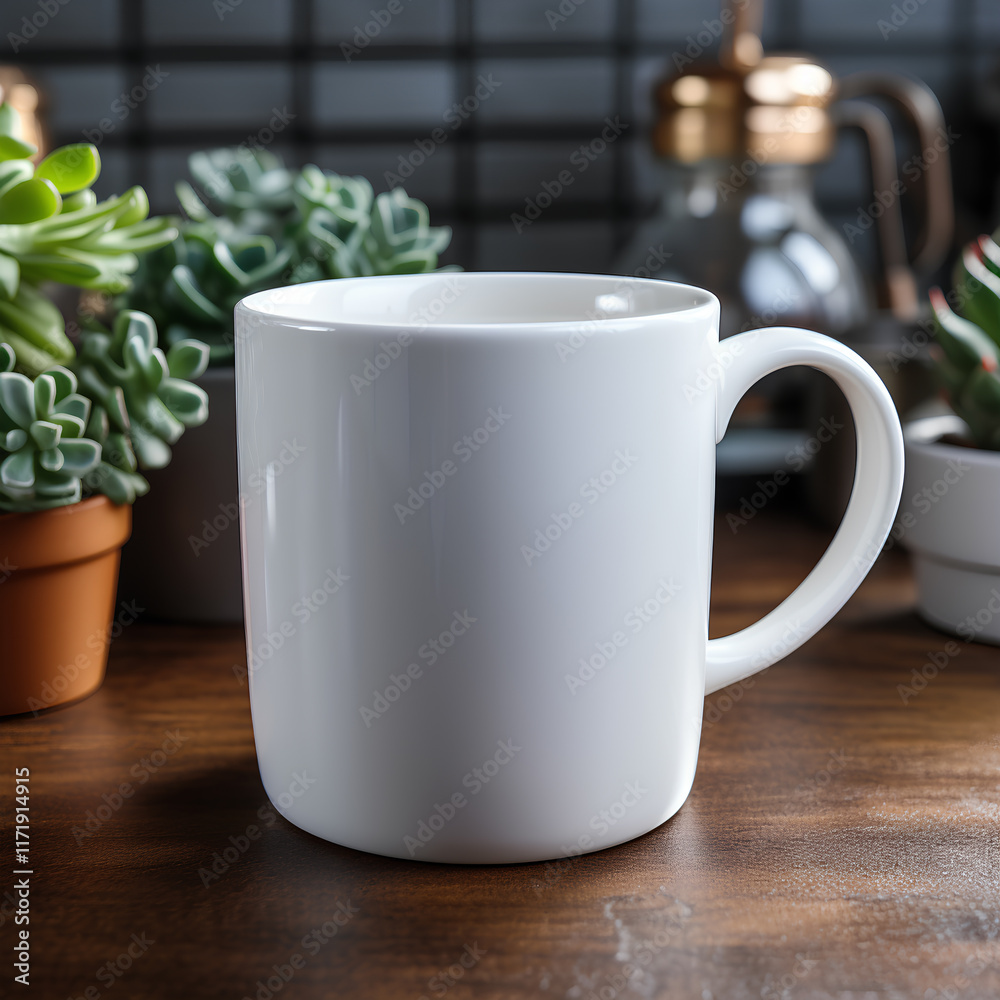 Obraz premium A plain white mug sitting on a wooden table in cozy room, with plant and blurred background