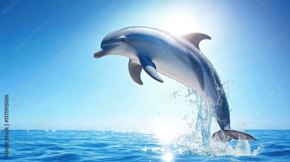 Fototapeta premium A dolphin leaps joyfully above the ocean surface, with sunlight reflecting off the water.