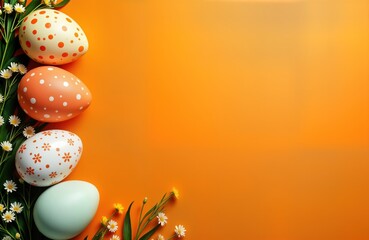 Colorful Easter eggs arranged against orange background with white flowers, green leaves. Springtime decoration for greeting cards social media. Vibrant, cheerful design for Easter celebrations.
