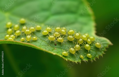 Closeup view of group of bright yellow aphids on green leaf. Aphids infest plant. Macro photo of insects on plant. Possible infestation. Pest problem. Nature photo of garden insect. Focus on colony,