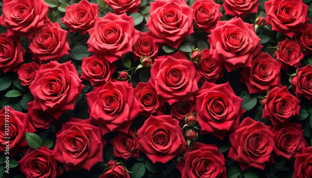 Top view of many fresh red roses. Detailed view of beautiful rose flowers. Romantic, floral pattern for wallpaper background. Roses, green leaves create natural, elegant design. Perfect for Valentine Top view of many fresh red roses. Detailed view of beautiful rose flowers. Romantic, floral pattern for wallpaper background. Roses, green leaves create natural, elegant design. Perfect for Valentine