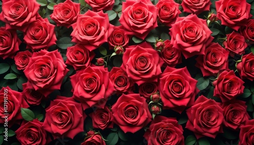 Top view of many fresh red roses. Detailed view of beautiful rose flowers. Romantic, floral pattern for wallpaper background. Roses, green leaves create natural, elegant design. Perfect for Valentine