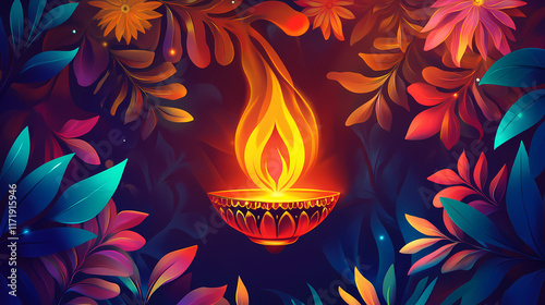 A vivid celebration of tamil new year with a flame-lit lamp as the heart of the festive display. Flamelit. Illustration