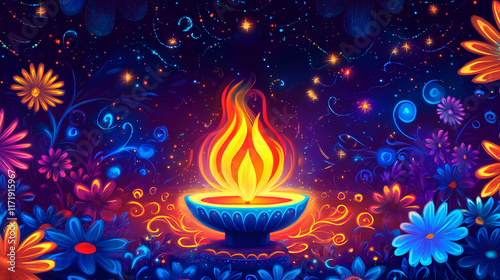 A vivid celebration of tamil new year with a flame-lit lamp as the heart of the festive display. Flamelit. Illustration photo