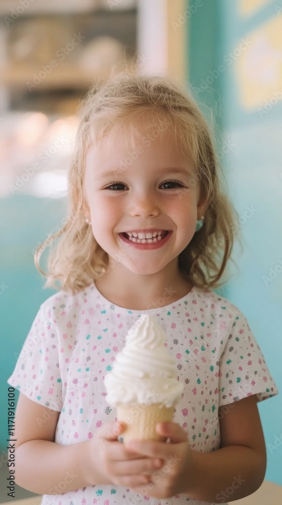 Cheerful little girl sits at a colorful table, delighting in her yogurt treat and sharing her joyful expression in the warm daylight Cheerful little girl sits at a colorful table, delighting in her yogurt treat and sharing her joyful expression in the warm daylight
