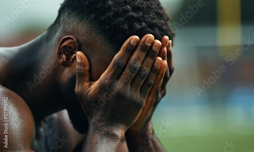 Close-up of an athlete with head in hands, displaying despair and disappointment after losing a competition