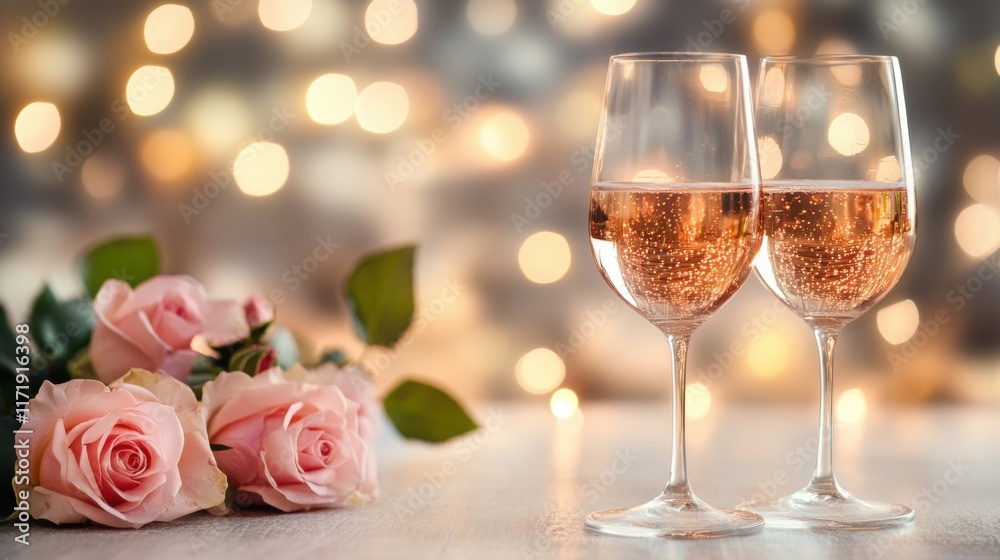 Two elegant wine glasses filled with sparkling beverage sit beside fresh roses, illuminated by warm bokeh lights creating a romantic atmosphere Two elegant wine glasses filled with sparkling beverage sit beside fresh roses, illuminated by warm bokeh lights creating a romantic atmosphere