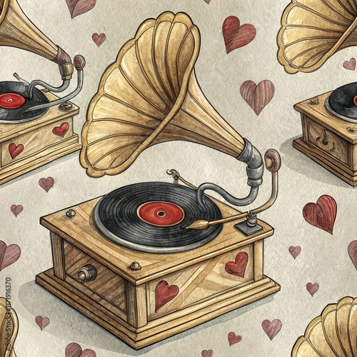 Vintage gramophone with heart motif seamless pattern for nostalgic charm photo