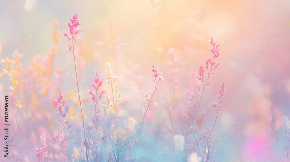 A dreamy, soft-focus image of colorful wildflowers in a serene, pastel landscape. A dreamy, soft-focus image of colorful wildflowers in a serene, pastel landscape.