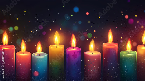 Colorful festive candles glowing brightly in a dark background creating a warm and inviting atmosphere perfect for celebrations and special occasions. Flamelit. Illustration