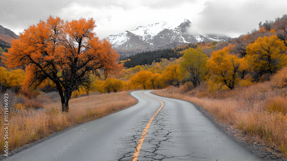 Winding road through autumn trees mountain landscape nature photography scenic view Winding road through autumn trees mountain landscape nature photography scenic view