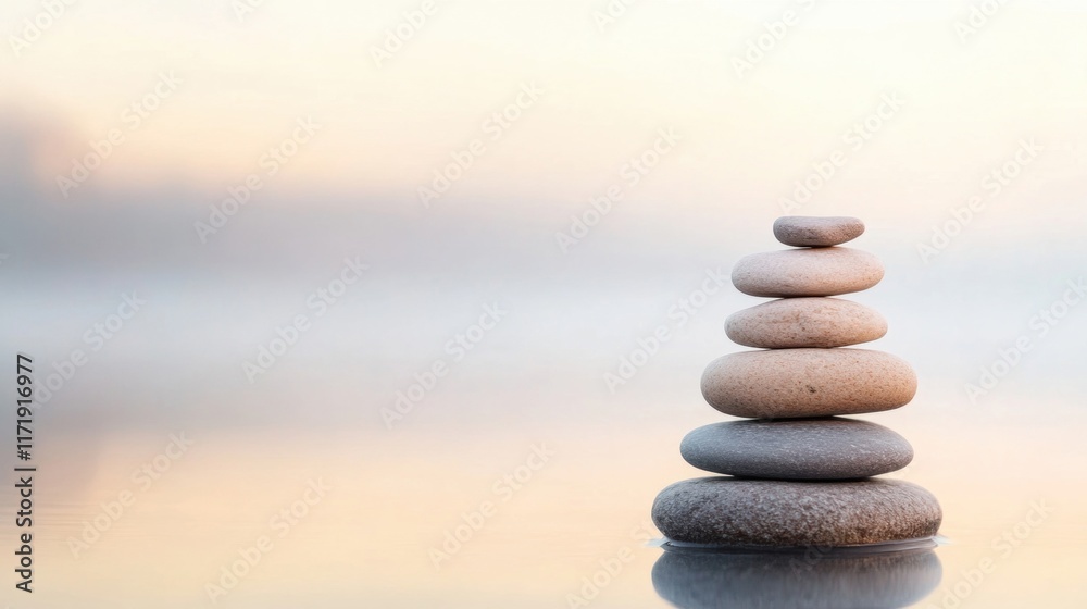 A carefully stacked stone cairn rises above the serene waters of a peaceful lake, bathed in soft morning light that enhances the tranquil atmosphere A carefully stacked stone cairn rises above the serene waters of a peaceful lake, bathed in soft morning light that enhances the tranquil atmosphere