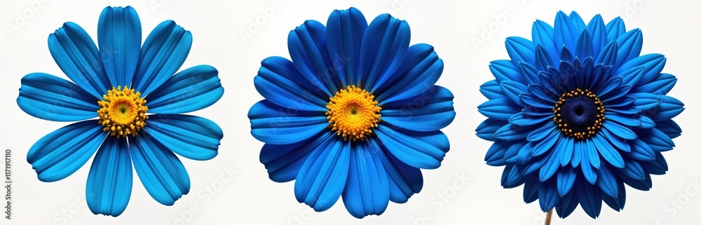 Surreal close-up photo of three vibrant blue flowers isolated on white background. Flowers detailed textures, petals. Yellow centers add contrast. Ideal for greeting cards for special occasions like Surreal close-up photo of three vibrant blue flowers isolated on white background. Flowers detailed textures, petals. Yellow centers add contrast. Ideal for greeting cards for special occasions like