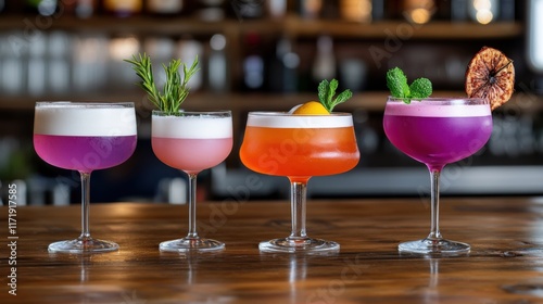 Four beautifully crafted cocktails with unique colors and garnishes are displayed on a wooden bar, creating an inviting atmosphere for guests photo