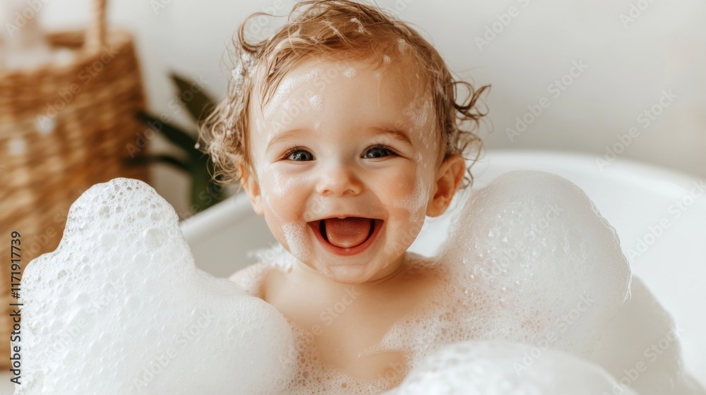 Delighted baby plays with bubbles in a white bathtub, laughing and enjoying the fun of bath time in a bright, cheerful setting Delighted baby plays with bubbles in a white bathtub, laughing and enjoying the fun of bath time in a bright, cheerful setting