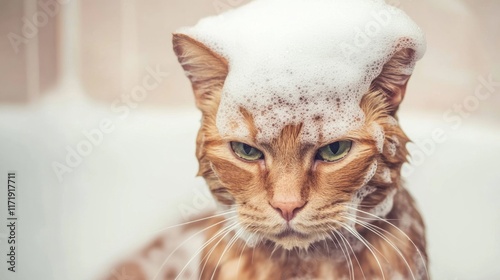 Cat sitting in a bathtub filled with soap suds, looking unamused and soaking wet during bath time at home photo