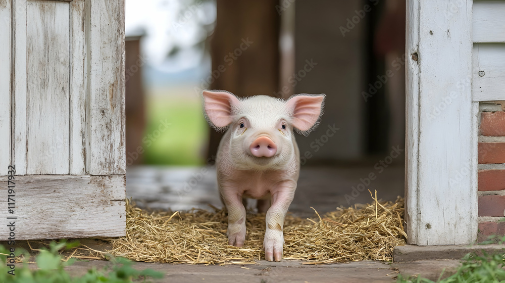 Playful young pig on straw bed farmyard animal photography natural setting close-up perspective Playful young pig on straw bed farmyard animal photography natural setting close-up perspective