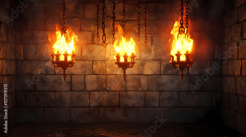 A dimly lit dungeon with flame-lit chandeliers and chains hanging from the stone walls, creating a mysterious atmosphere. Flamelit. Illustration photo