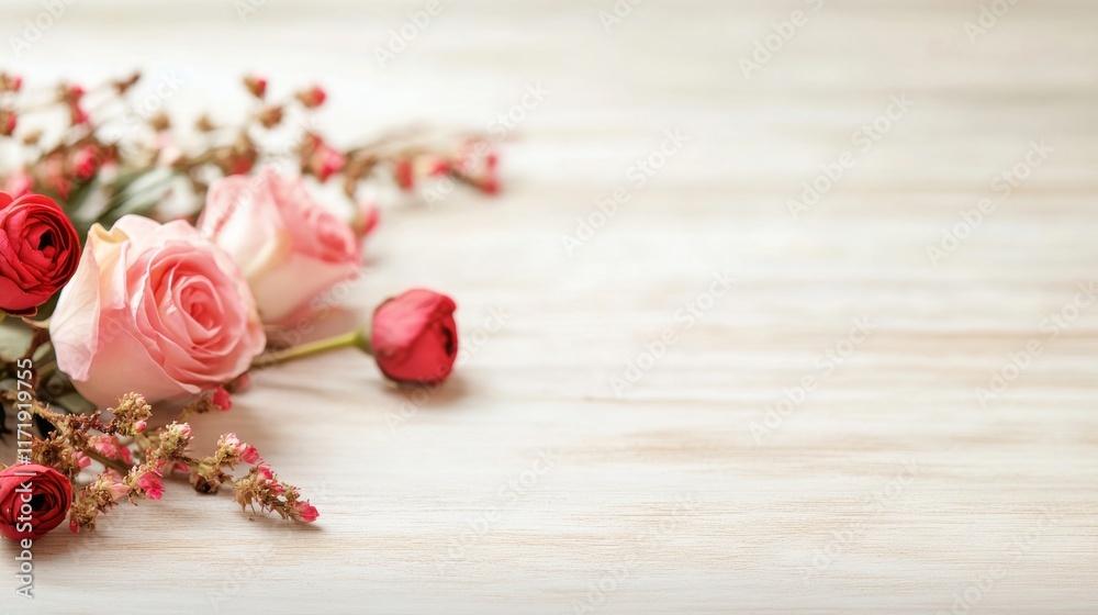 Delicate pink and red flowers rest gracefully on a rustic white wood background, evoking a peaceful and charming ambiance