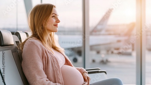A pregnant woman sits comfortably in an airport terminal, looking out the window with a peaceful smile as planes are visible in the background