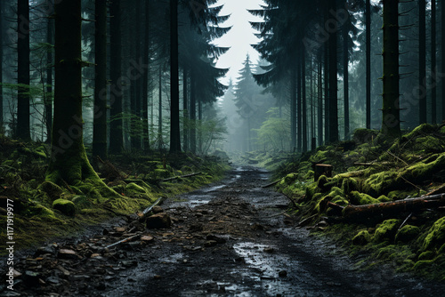 realistics A misty landscape seamlessly transitions into a thick forest, with addition of hovering clouds enhancing enchanting atmosphere, highlighting interaction between wooded terrain and atmospher photo