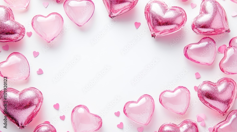 Playful pink heart-shaped balloons float whimsically across a pristine white surface, capturing the essence of love and celebration this Valentine's Day.